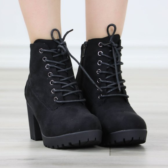 Black Suede Ankle Chunky Block Lug High Heel Boots Lace-Up - Picture 2 of 13